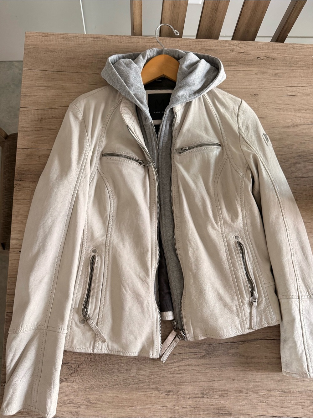Mauritius cream  Leather Jacket with Grey Hooded Lining